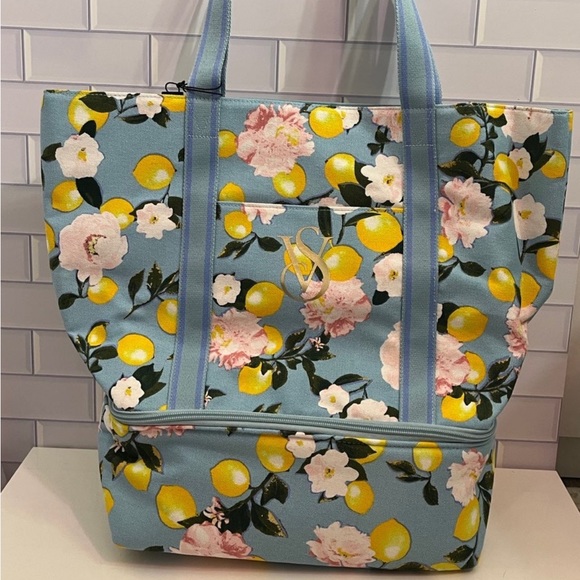 VICTORIA'S SECRET Cooler Tote Lemon Blue Logo With Pockets - Picture 4 of 7